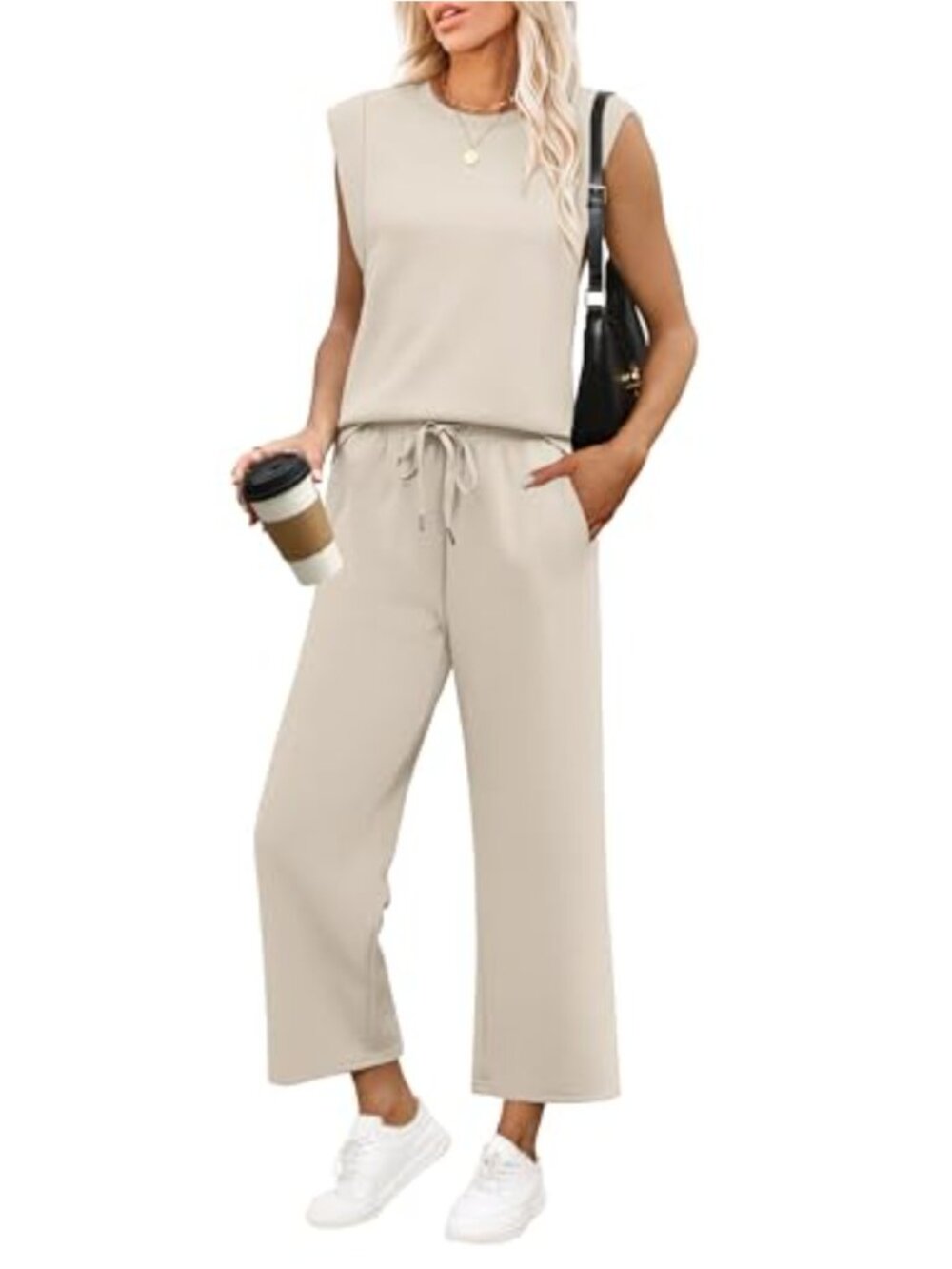 2 Piece Lounge Set Sleeveless Top Wide Leg Crop Pants